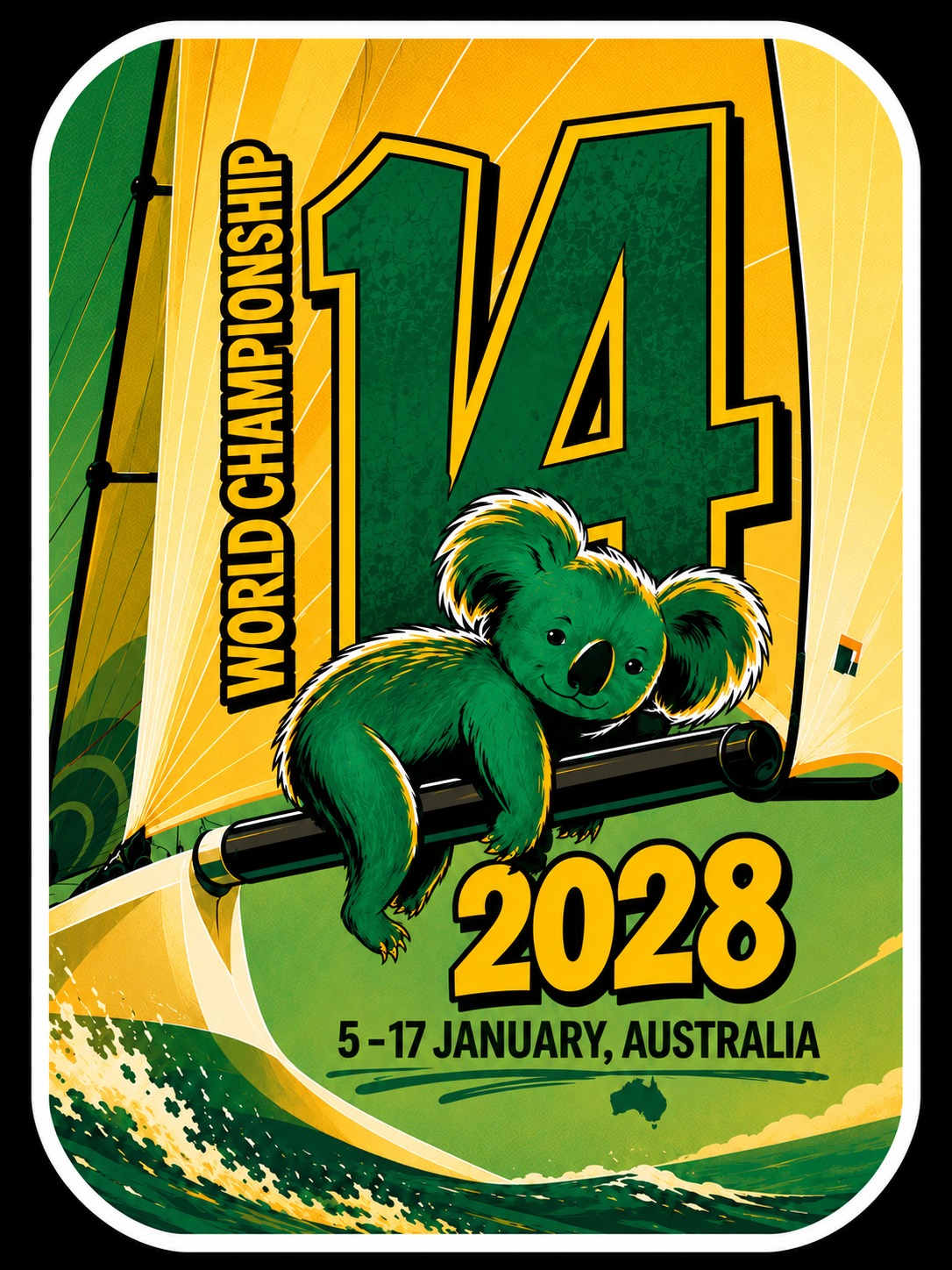 Green and gold Melbourne 2028 artwork: a koala holds an International 14 mast, with the event dates 5–17 January 2028