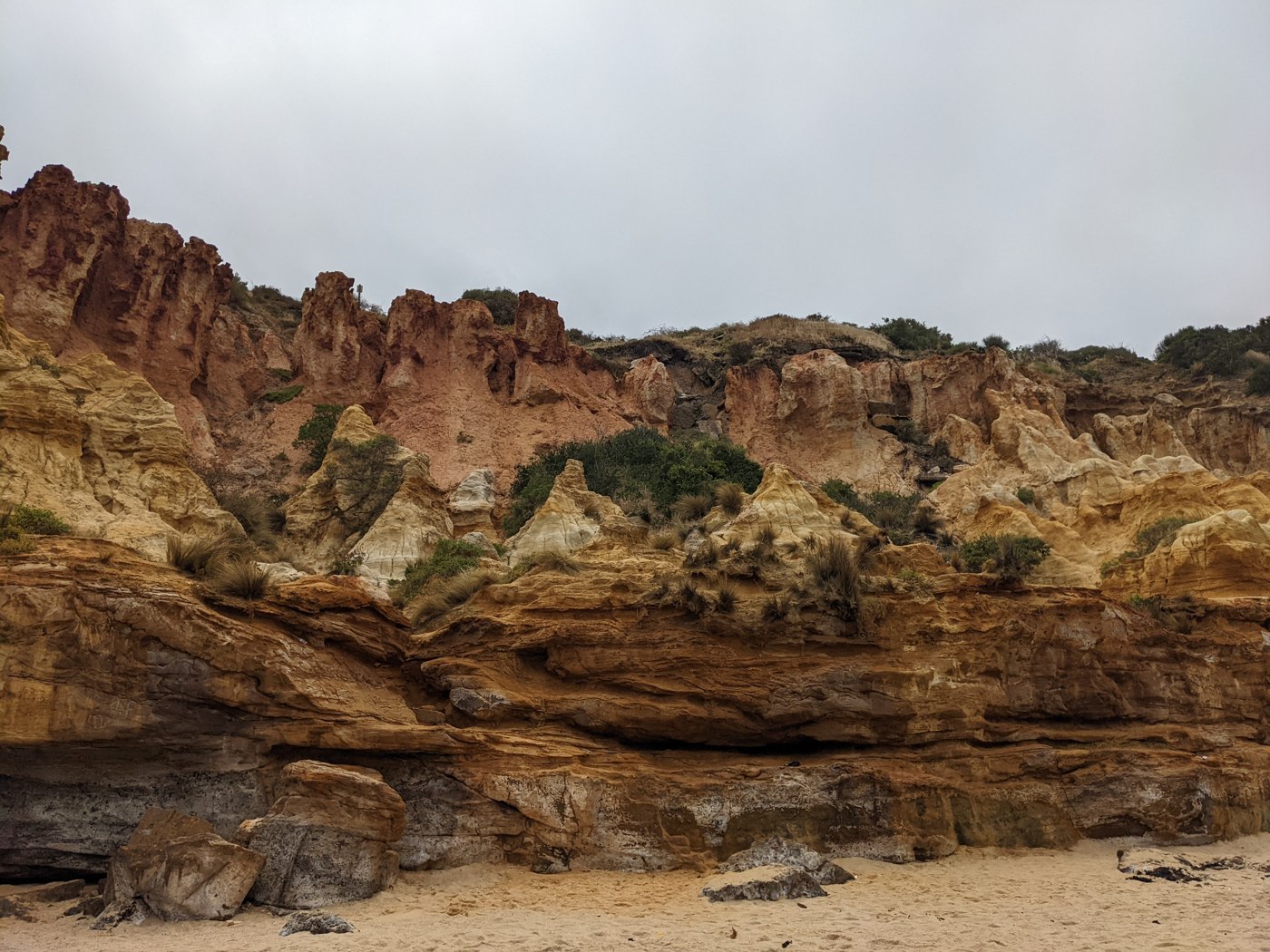 Sculpted red and gold cliffs beside the beach at Black Rock